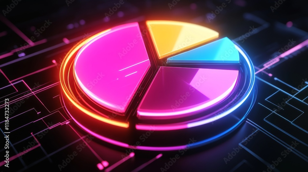 Leinwandbilder a futuristic d pie chart with glowing neon segments, rotating in a digital space, symbolizing modern