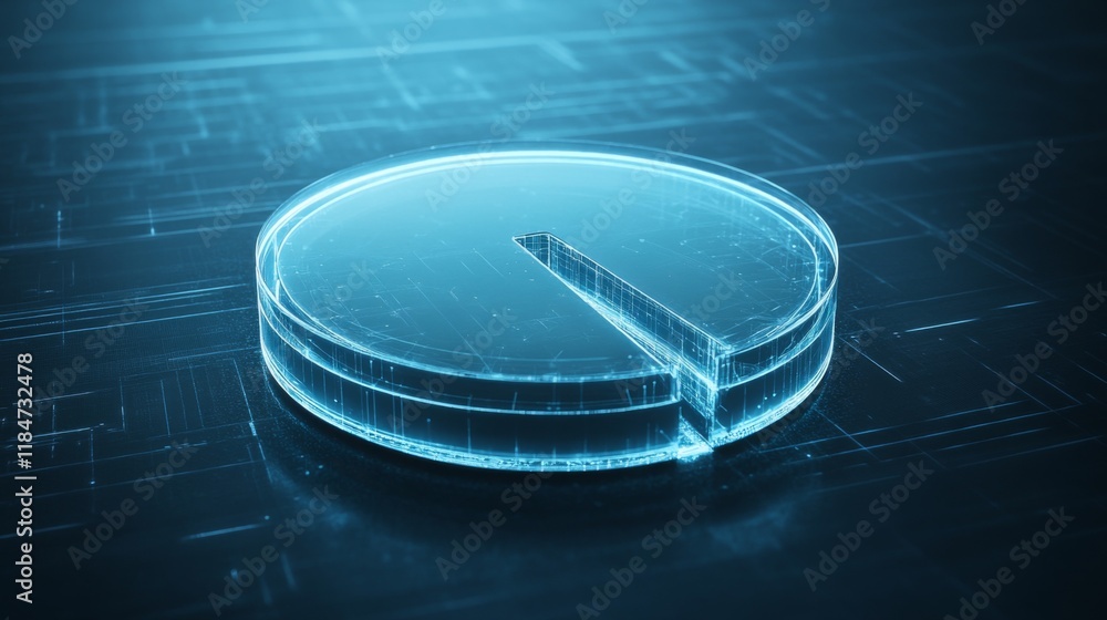 Fototapete A futuristic D pie chart with transparent slices and glowing edges, positioned on a tech-inspired background, symbolizing innovative data visualization techniques.