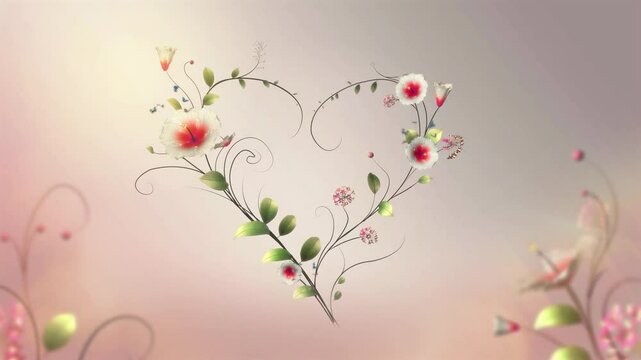 Growing heart made of flowers and leaves. 3D animation for Valentine's Day. Romantic floral design. Video 4K