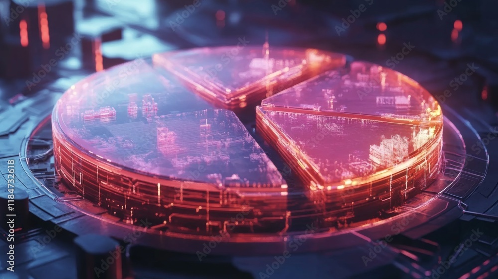 Leinwandbilder A futuristic D pie chart with transparent slices and glowing edges, positioned on a tech-inspired background, symbolizing innovative data visualization techniques.