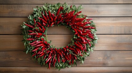 A vibrant chili pepper wreath hangs against a rustic wooden background.  The rich red of the peppers contrasts beautifully with the wood's warm tones, creating a festive and spicy atmosphere.