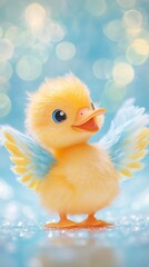 Cute yellow duckling flapping wings on shiny blue background