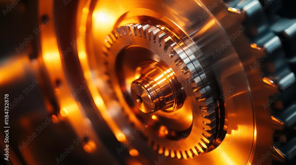 Poster Close-up of intricate metallic gears, illuminated with warm light, showcasing precision engineering and complex mechanics.