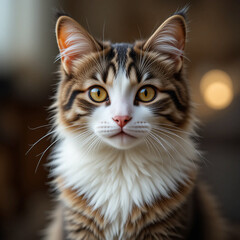 Obraz premium Majestic tabby cat with striking green eyes and a lush fur coat, basking in natural light – the perfect embodiment of feline grace and charm