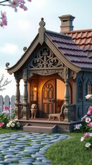 An adorable intricately crafted vintage wooden dog house.