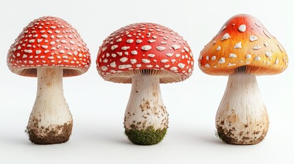 Three amanita muscaria mushrooms growing on white background