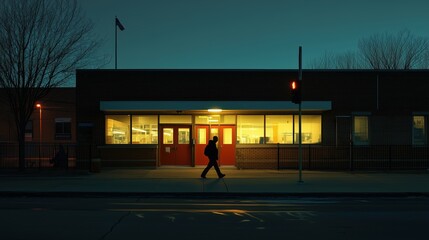 A Person Walking Across the Street in Front of a Building at Night - Generative AI