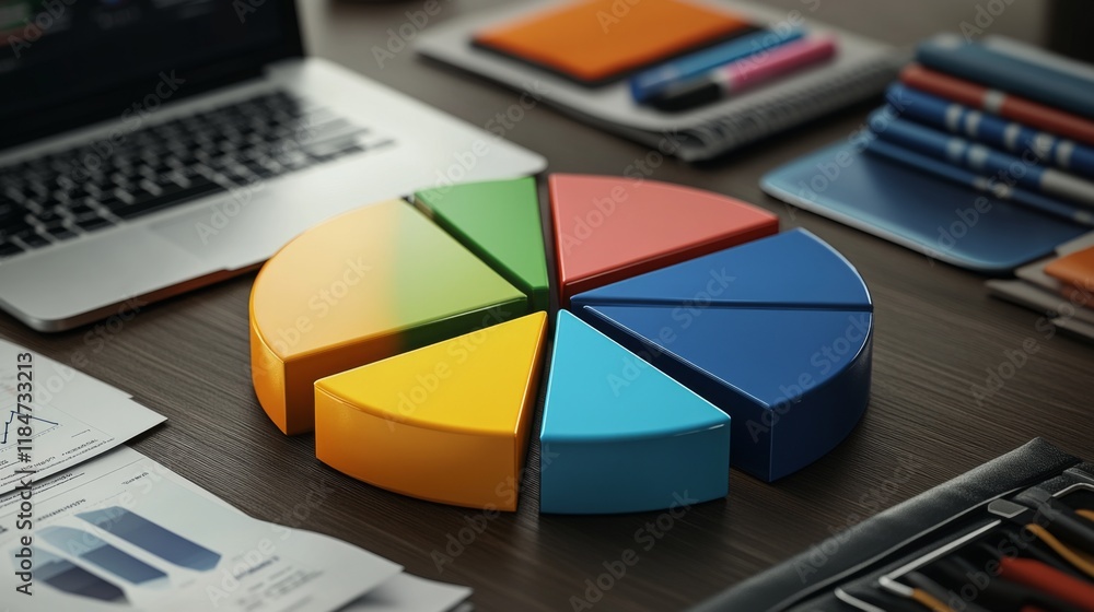 Poster a high-angle view of a d pie chart with labeled segments, placed on a desk alongside business docume