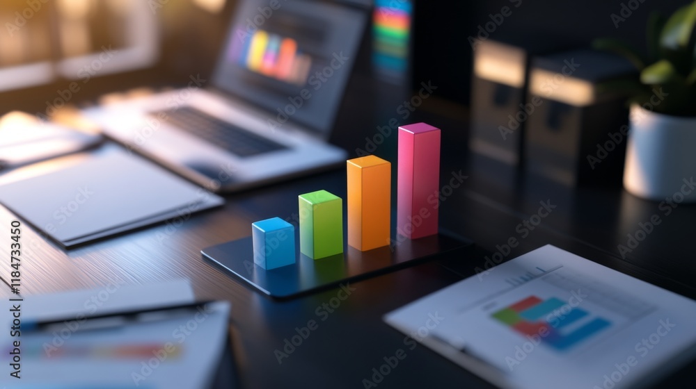 Leinwandbilder a high-angle view of a colorful d bar graph on a sleek office desk, with documents and a laptop in t