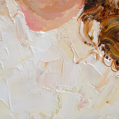 Embossed pasty oil paints and reliefs. Primary colors: ocher, white, red .  Abstract art.