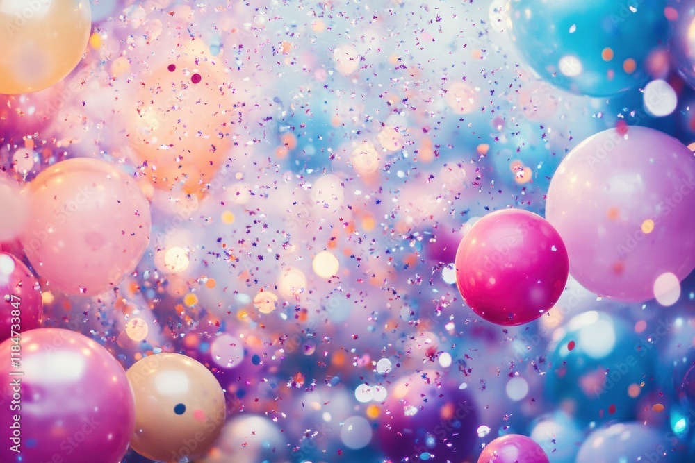Poster colorful balloons and confetti create a vibrant background for celebrations and parties during festi
