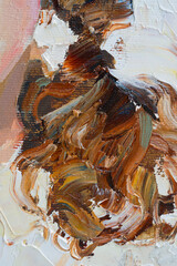 Embossed pasty oil paints and reliefs. Primary colors: ocher, white, red .  Abstract art.