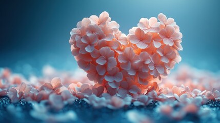Heart-shaped floral petals on a serene blue background with soft bokeh