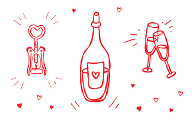 Hand drawn doodle set of wine or champagne bottle, champagne glasses, and heart shaped opener. Romantic designs, menus, gifts, Valentines Day, weddings, anniversaries, greeting cards, prints, stickers © ArtbyLegalMind