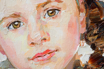 Fragment of an oil painting.  Portrait of a woman. The art is done in a realistic manner.