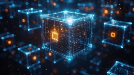 Glowing digital cubes network.