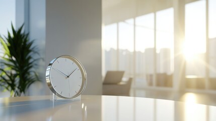 Modern clock on a white table, morning sun and bright flare, room for text 