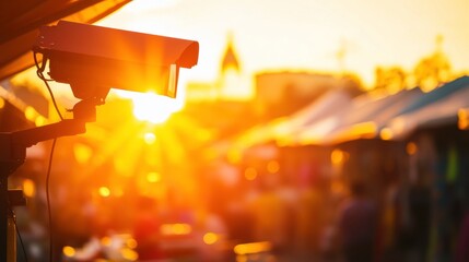 Fototapeta premium Surveillance Camera in a Crowded Outdoor Marketplace