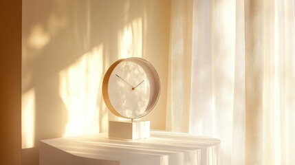 Modern clock on a white table, morning sun and bright flare, room for text 