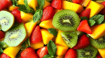 Obraz premium A vibrant fruit salad with slices of kiwi, mango, and strawberries, garnished with mint