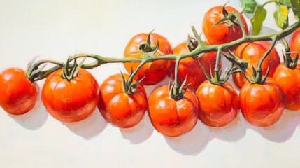 A high-resolution image of a bunch of tomatoes on the vine, set against a clean, white background to showcase their natural beauty and farm-fresh quality.