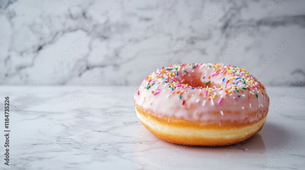 Poster a high-resolution image of a classic donut with a shiny glaze and colorful sprinkles, set against a 