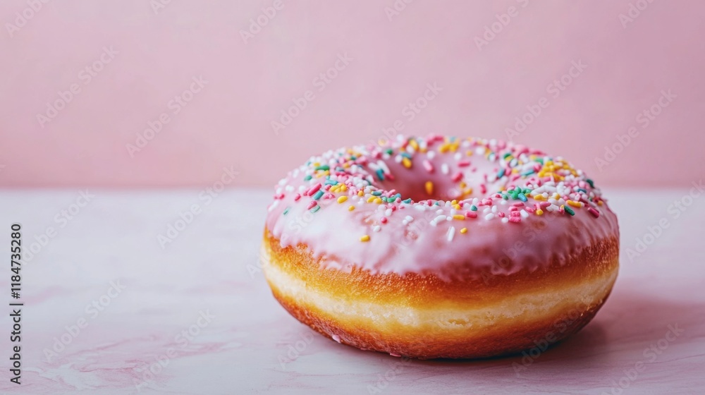 Poster a high-resolution image of a classic donut with a shiny glaze and colorful sprinkles, set against a 