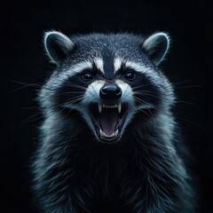 Obraz premium Aggressive raccoon shows teeth. anger. rage. on a dark monochromatic background