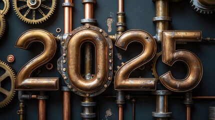 A steampunk-style representation of the year 2025 with gears and pipes.