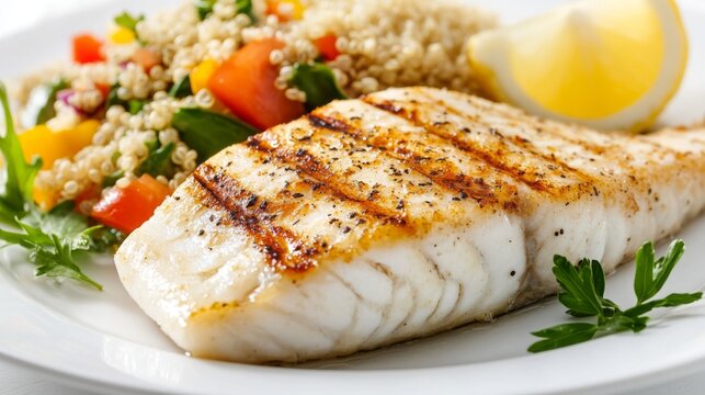 A high-resolution image of a deliciously grilled fish steak with crispy skin, served with a side of quinoa salad and a wedge of lemon on a white plate.