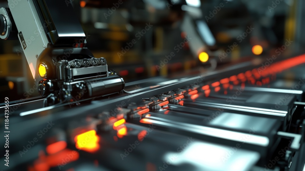 Poster robotic arms are working on an illuminated assembly line, diligently assembling products in a modern