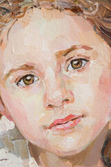 Fragment of an oil painting.  Portrait of a woman. The art is done in a realistic manner.