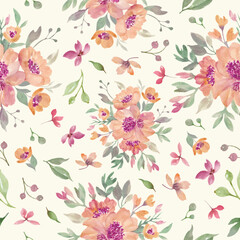 Seamless watercolor pattern with  orange flowers. Hand drawn floral illustration/ Vector EPS.