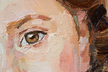 Fragment of an oil painting.  Portrait of a woman. The art is done in a realistic manner.