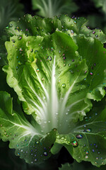 ripe green lettuce with drops. close up. digital artwork. Ai generated.
