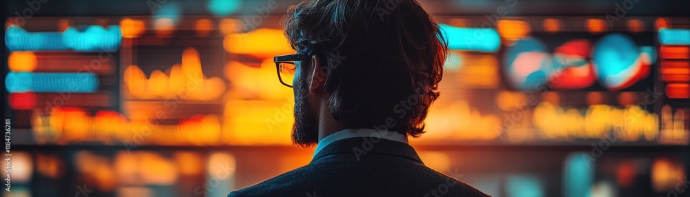 Poster man in suit viewing stock market data on large screen.