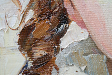 Embossed pasty oil paints and reliefs. Primary colors: ocher, white, red .  Abstract art.
