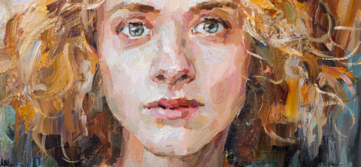 Cute beautiful girl holding her hair. Fragment of oil painting on canvas. .Portrait of a women with brown eyes and brown hair.