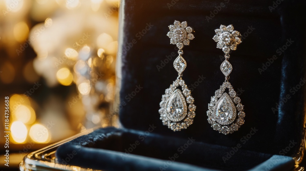 Poster a high-resolution image of a pair of sophisticated diamond drop earrings hanging from a luxurious ve
