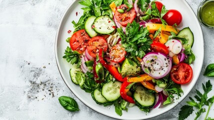 A high-resolution image of a noodle salad with colorful vegetables, herbs, and a tangy dressing, beautifully arranged on a white plate for a fresh and vibrant look.