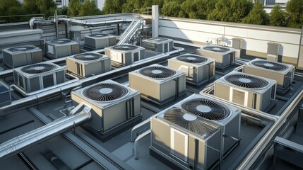 Fototapeta premium Many rooftop air conditioning units, pipes, and metal.
