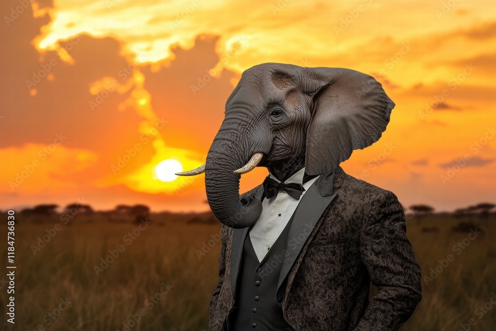 Poster Elephant dressed in tuxedo standing majestically during sunset in an African landscape. Generative AI
