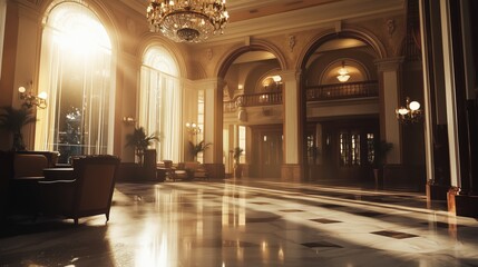 The Lobby of a Fancy Hotel With Chandeliers and Marble Floors - Generative AI