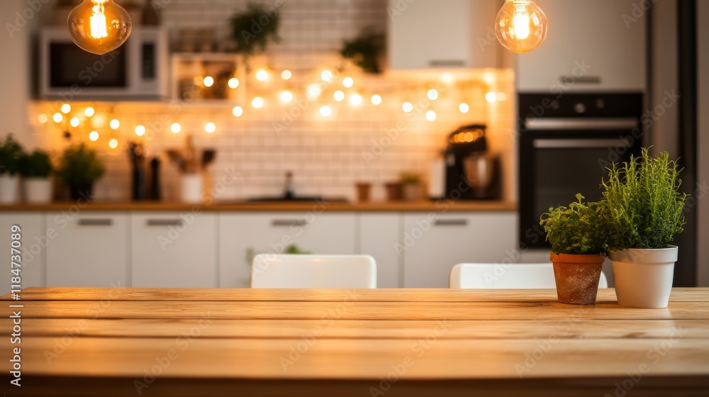 Aufkleber wooden table stands ready for product placement in a contemporary kitchen, complemented by soft ligh
