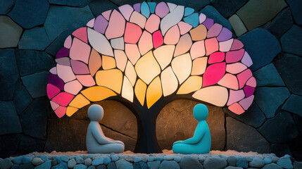 The forgiver, A serene image featuring two figures sitting beneath a glowing pastel tree, showcasing high fidelity and intricate details in a visually appealing composition.