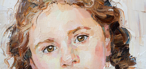 Fragment of an oil painting.  Portrait of a woman. The art is done in a realistic manner.
