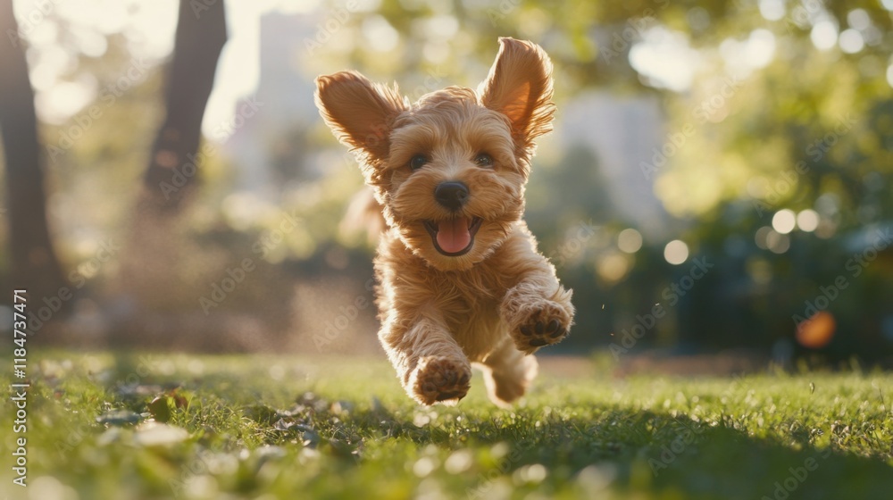 Aufkleber A high-resolution image of a playful puppy running joyfully through a sunny park, with its ears flapping and a happy expression on its face.