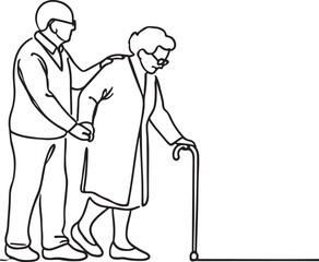 Grandparents Together. Grandma Helping Grandpa Walk - Vector Line Drawing