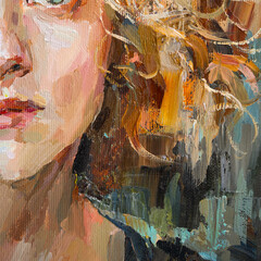 Cute beautiful girl holding her hair. Fragment of oil painting on canvas. .Portrait of a women with brown eyes and brown hair.