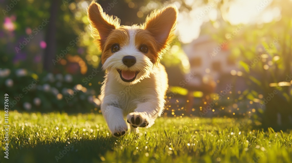 Aufkleber A high-resolution image of a playful puppy running joyfully through a sunny park, with its ears flapping and a happy expression on its face.